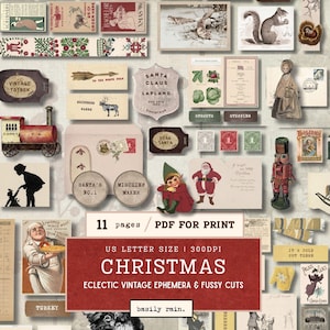 May include: A collection of vintage-style Christmas ephemera and fussy cuts featuring illustrations of Santa Claus, an elf, a toy train, a nutcracker, squirrels, and various holiday-themed labels, tags, and cards on 11 pages of US letter size paper.
