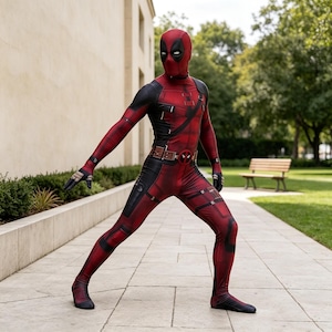 Può includere: Un costume integrale in spandex rosso e nero con maschera dotata di inserti bianchi per gli occhi, cintura marrone con fibbia circolare e dettagli neri su spalle, fianchi e gambe, progettato per imitare la tuta di un personaggio dei fumetti.