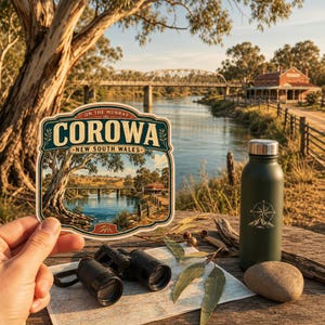 May include: A die-cut sticker featuring a scenic illustration of Corowa, New South Wales, with the text ON THE MURRAY COROWA NEW SOUTH WALES, alongside a matte olive green water bottle with a compass graphic, black binoculars, and a map.