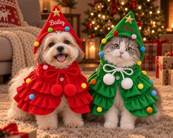 Mantellina natalizia personalizzata per animali domestici, abito personalizzato ricamato per cani e gatti, costume natalizio rosso e verde, regalo per amanti degli animali