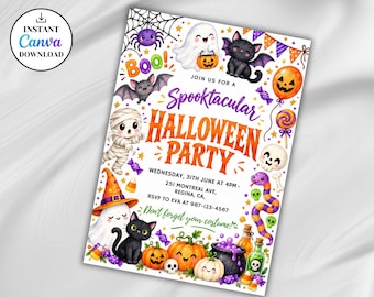May include: A Halloween party invitation featuring watercolor illustrations of a ghost, black cat, mummy, spider, bat, pumpkin, and cauldron. Text includes "Spooktacular HALLOWEEN PARTY", "JOIN US FOR A", and event details with date, time, and address.