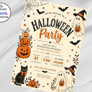 以下が含まれることがあります： クリーム色のハロウィーンパーティーの招待状。3つのジャック・オー・ランタン、黒猫、魔女の帽子をかぶった2体の幽霊のイラストが描かれています。テキストには「You're invited to a Halloween Party, join us for a spooktacular night」と書かれています。