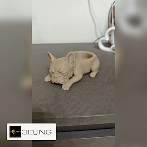 Può includere: Una statuetta di bulldog francese stampata in 3D di colore marrone chiaro con un'apertura circolare cava sul dorso. Il cane è raffigurato in posizione di riposo, sdraiato con la testa abbassata e gli occhi chiusi. Il testo 3D_ING è visibile.