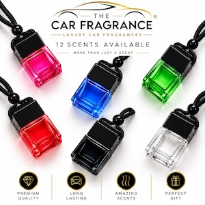 May include: Five square glass car fragrance bottles with black caps and black hanging cords. The bottles are filled with pink, blue, green, red, and clear liquid. Text reads: THE CAR FRAGRANCE, 12 SCENTS AVAILABLE, MORE THAN JUST A SCENT.