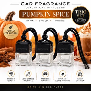 Könnte beinhalten: Ein Trio-Set aus drei Autoduft-Diffusoren aus klarem Glas mit schwarzen quadratischen Kappen und schwarzen Aufhängeschnüren. Der Text auf der Verpackung lautet CAR FRAGRANCE, PUMPKIN SPICE, WARM, SPICED, INVITING, TRIO SET, 3 DIFFUSERS INCLUDED und Car Perfume.