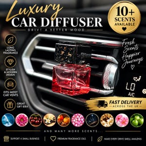 May include: A square red glass car diffuser with a black decorative cap attached to a vehicle air vent. The image features text including Luxury Car Diffuser, 10+ Scents Available, Fresh Scents Happier Journeys, and Fast Delivery Across the UK.