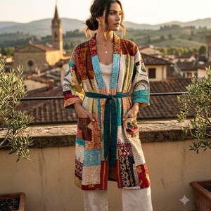Handmade Kantha Silk Robe – Vintage Patchwork Kimono Jacket with Tie Belt