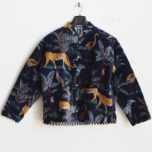 Handmade Navy Velvet Jungle Jacket – Animal Print, Cotton Lined, Quilted Blazer