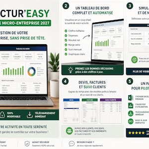 Peut inclure: Une fiche d'information produit numérique intitulée FACTUR'EASY PACK MICRO-ENTREPRISE 2027. Elle présente un ordinateur portable affichant des tableaux de bord financiers, des simulateurs de prix et des modèles de factures. La mise en page comprend cinq sections numérotées détaillant des outils de gestion, des fichiers Excel et des guides PDF pour le suivi des revenus, des dépenses et des données clients.