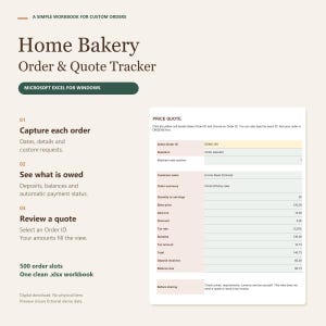 Op de afbeelding: Een digitaal werkboek voor het bijhouden van bestellingen en offertes voor een thuisbakkerij, voor Microsoft Excel voor Windows. Het bevat tekstuele instructies voor orderbeheer en een voorbeeld van een prijsoffertetabel.