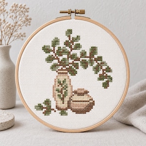 Mini-Eukalyptus-Kreuzstichmuster – Boho-Vase und Keramik (PDF)
