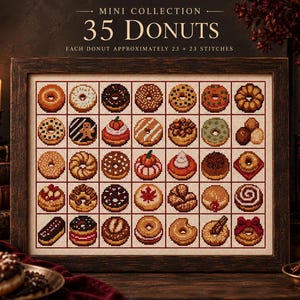 May include: A framed cross-stitch sampler titled MINI COLLECTION 35 DONUTS, featuring a grid of 35 unique donut illustrations. Each donut is approximately 23 x 23 stitches. The artwork is displayed in a dark brown wooden frame on a surface.