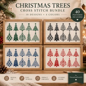 Può includere: Un set digitale a punto croce intitolato CHRISTMAS TREES con 10 disegni in 4 colori. L'immagine mostra quattro set incorniciati di motivi ad albero in verde, nero, blu e rosso. Un badge circolare indica che sono inclusi 40 schemi in PDF.