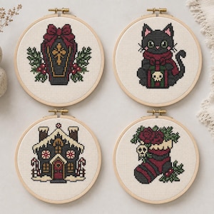 Paquete de punto de cruz navideño gótico: 4 patrones con gato, ataúd, casa y calcetín navideño.