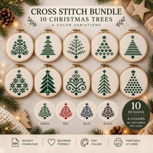 May include: A cross stitch bundle featuring 10 Christmas tree designs in embroidery hoops. The text reads CROSS STITCH BUNDLE 10 CHRISTMAS TREES 4 COLOR VARIATIONS. Below are four circular swatches in green, red, blue, and black, with 10 DESIGNS 4 COLORS 40 PATTERNS INCLUDED.