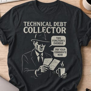 May include: A black t-shirt featuring a graphic of a person in a fedora and suit holding papers and a coffee mug. The text reads "TECHNICAL DEBT COLLECTOR" above the figure, with speech bubbles saying "THIS FUNCTION'S OVERDUE" and "PAY YOUR COMMENTS NOW."