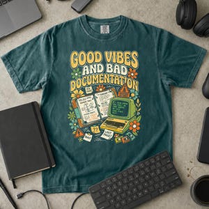 T-shirt "Good Vibes Bad Documentation", maglietta da programmatore retrò, regalo per sviluppatori (colori comodi)