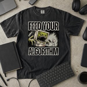 Feed Your Algorithm T-Shirt, Retro Computer Monster Tee, Funny AI Programmer Shirt, Tech Horror Gift, Comfort Colors Tee