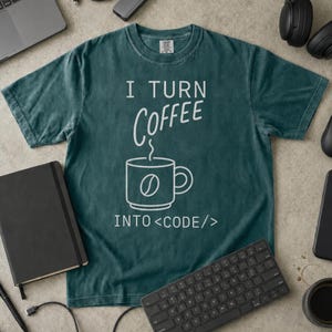 Camiseta "Transformo Café em Código", Presente Minimalista para Programadores, Cores Confortáveis