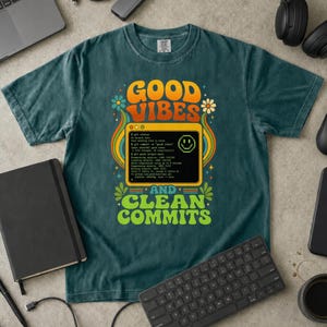 Retro-T-Shirt für Git-Programmierer im 70er-Jahre-Stil, „Good Vibes Clean Commits“-T-Shirt (Komfortfarben)