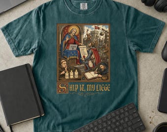 Maglietta con manoscritto medievale, "Spediscilo mio signore", regalo per programmatore, maglietta Comfort Colors