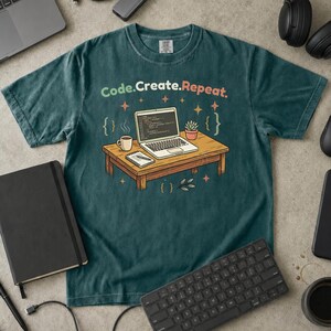 Maglietta da sviluppatore "Code Create Repeat", regalo accogliente per programmatori, maglietta grafica dai colori confortevoli.