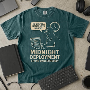 May include: A dark teal short-sleeve t-shirt featuring a cream-colored graphic of a person in a fedora using a laptop. Text reads: NO ONE WILL NOTICE UNTIL MONDAY. MIDNIGHT DEPLOYMENT LIVING DANGEROUSLY. A clock icon is positioned above the figure.