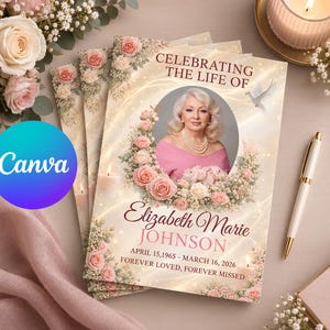 Peut inclure: Un programme funéraire avec le portrait d'une femme en haut rose, entouré d'une couronne de roses roses et de gypsophile. Le texte indique CELEBRATING THE LIFE OF Elizabeth Marie JOHNSON APRIL 15, 1965 - MARCH 16, 2026.