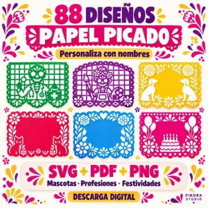 Può includere: Una collezione digitale di 88 design Papel Picado con vari temi tra cui un medico, un artista, cani, gatti e una torta di compleanno. Il testo recita 88 DISEÑOS PAPEL PICADO, Personaliza con nombres, SVG + PDF + PNG e DESCARGA DIGITAL.