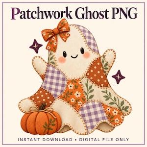 Puede incluir: Una ilustración digital de un fantasma de patchwork con varios patrones de tela, incluyendo cuadros vichy morados, flores naranjas y lunares marrones. El fantasma lleva un lazo floral naranja y sostiene una calabaza naranja. Texto Patchwork Ghost PNG.