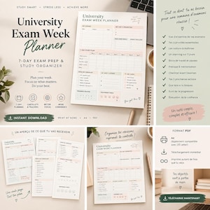 May include: A digital University Exam Week Planner template featuring sections for exam schedules, study plans, priorities, and progress tracking. The layout includes text headers, checkboxes, and a confidence check scale, presented in a clean, organised format.