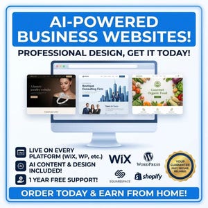 May include: A digital advertisement for AI-powered business websites featuring a computer monitor displaying three website templates. Text includes AI-POWERED BUSINESS WEBSITES, PROFESSIONAL DESIGN, GET IT TODAY, and ORDER TODAY & EARN FROM HOME.
