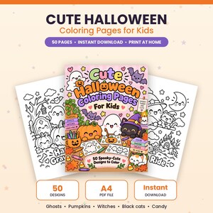 Puede incluir: Una colección digital de 50 páginas para colorear de Halloween para niños con fantasmas, calabazas, brujas, gatos negros y dulces. La portada muestra ilustraciones coloridas de estos personajes, mientras que las páginas laterales muestran arte lineal.