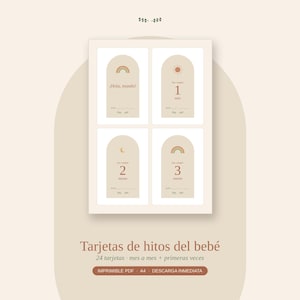 Puede incluir: Un conjunto de cuatro tarjetas de hitos para bebés con forma de arco, fondo beige y dibujos de arcoíris, sol y luna. Las tarjetas incluyen el texto en español ¡Hola, mundo!, 1 mes, 2 meses y 3 meses, junto con líneas para anotar la fecha, el peso y la altura.