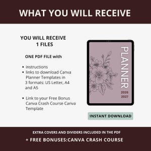 May include: Digital planner template with floral design on a tablet. The image includes text: "What You Will Receive", "Planner 2026-2027", and "Instant Download". The PDF file includes instructions and links to download templates.