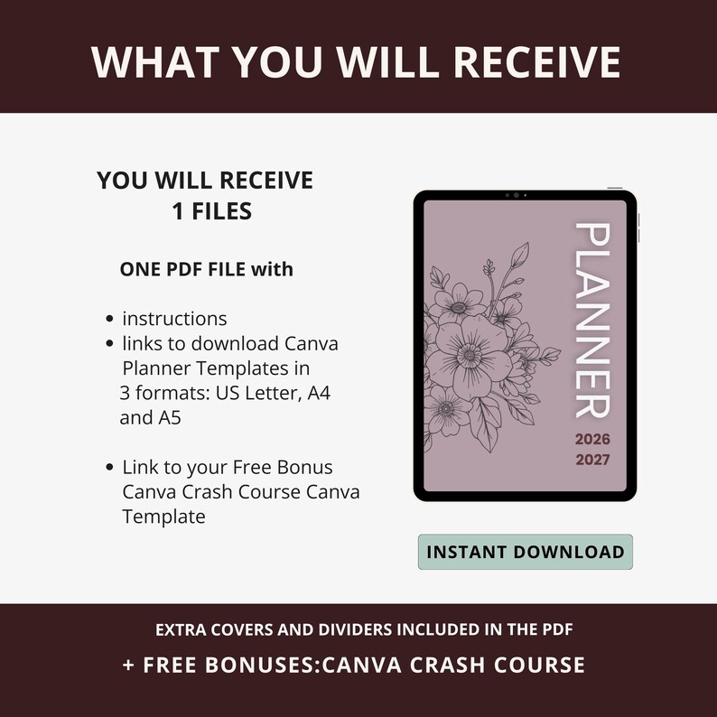 May include: Digital planner template with floral design on a tablet. The image includes text: "What You Will Receive", "Planner 2026-2027", and "Instant Download". The PDF file includes instructions and links to download templates.