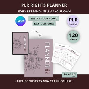 May include: A digital planner with the text "PLR RIGHTS PLANNER" and "PLANNER 2026-2027". The planner features floral illustrations and comes with a Canva crash course bonus. Includes 120 pages and is available in A4, A5, and US Letter sizes.