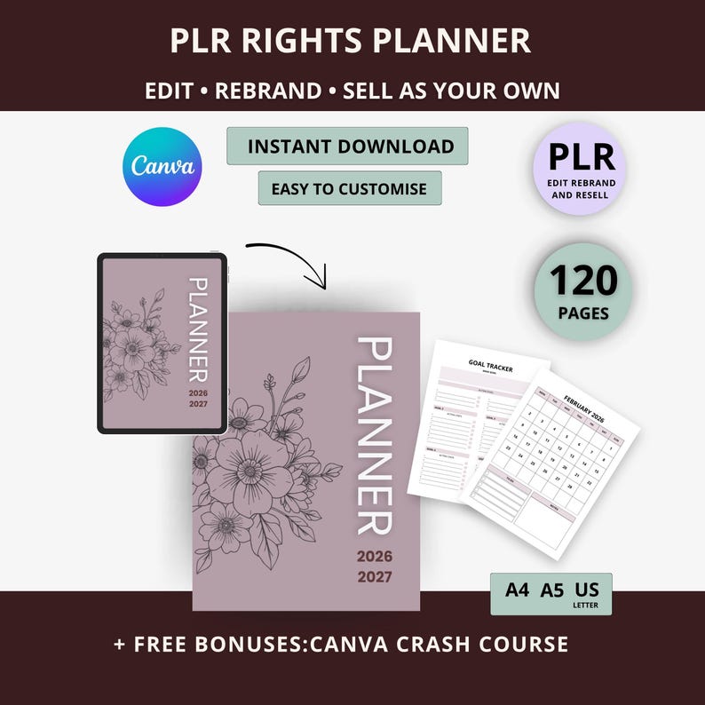 May include: A digital planner with the text "PLR RIGHTS PLANNER" and "PLANNER 2026-2027". The planner features floral illustrations and comes with a Canva crash course bonus. Includes 120 pages and is available in A4, A5, and US Letter sizes.