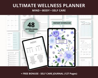 Ultimate Wellness Planner | Self Care Journal | Mood, Anxiety Tracker | Health, Fitness Planner | Hyperlinked Download