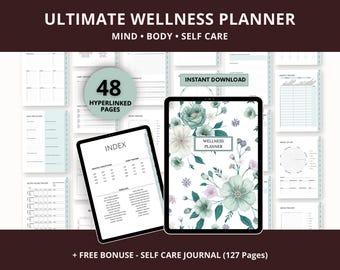Ultimate Wellness Planner | Self Care Journal | Mood, Anxiety Tracker | Health, Fitness Planner | Hyperlinked Download