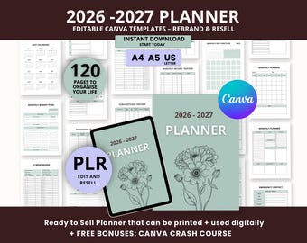 2026-2027 Planner (120 Pages) | Editable Canva Template | PLR Resell Rights | Digital Planner Bundle