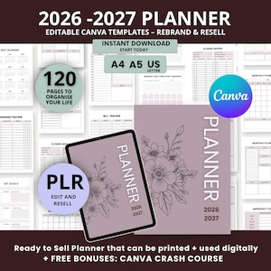 2026-2027 Planner (120 Pages) | Editable Canva Template | PLR Resell Rights | Digital Planner Bundle image 1