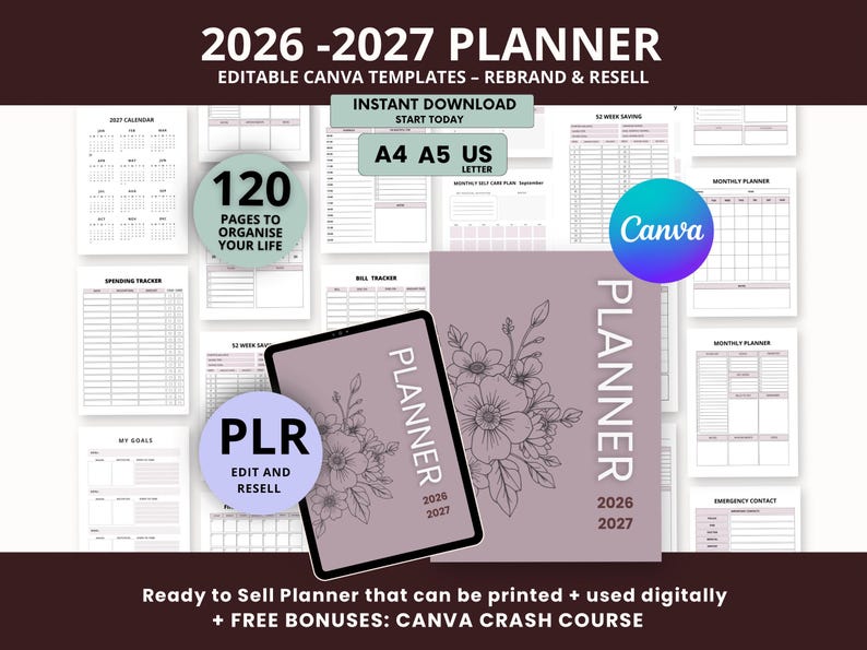 2026-2027 Planner (120 Pages) | Editable Canva Template | PLR Resell Rights | Digital Planner Bundle image 1
