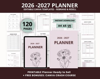 2026-2027 Printable Planner (120 Pages) | Monthly Weekly Daily Templates | Digital Planner Bundle
