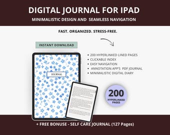 Digital Journal for iPad | 200 Lined Pages Hyperlinked Diary | PDF Notebook | Instant Download