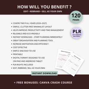 May include: A digital planner with a minimalist layout, designed for use on tablets. The image includes the text "HOW WILL YOU BENEFIT?" and "INSTANT DOWNLOAD." It covers two years, includes PLR rights, and offers a Canva crash course bonus.