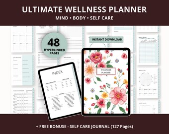 Ultimate Wellness Planner | Self Care Journal | Mood, Anxiety Tracker | Health, Fitness Planner | Hyperlinked Download