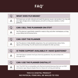 May include: A digital product FAQ sheet with a dark brown background and white text. The text includes questions and answers about the product, such as what PLR means, if it can be sold on Etsy, and if it can be edited. The bottom of the image states, "THIS IS A DIGITAL PRODUCT NO PHYSICAL ITEMS WILL BE MAILED TO YOU."