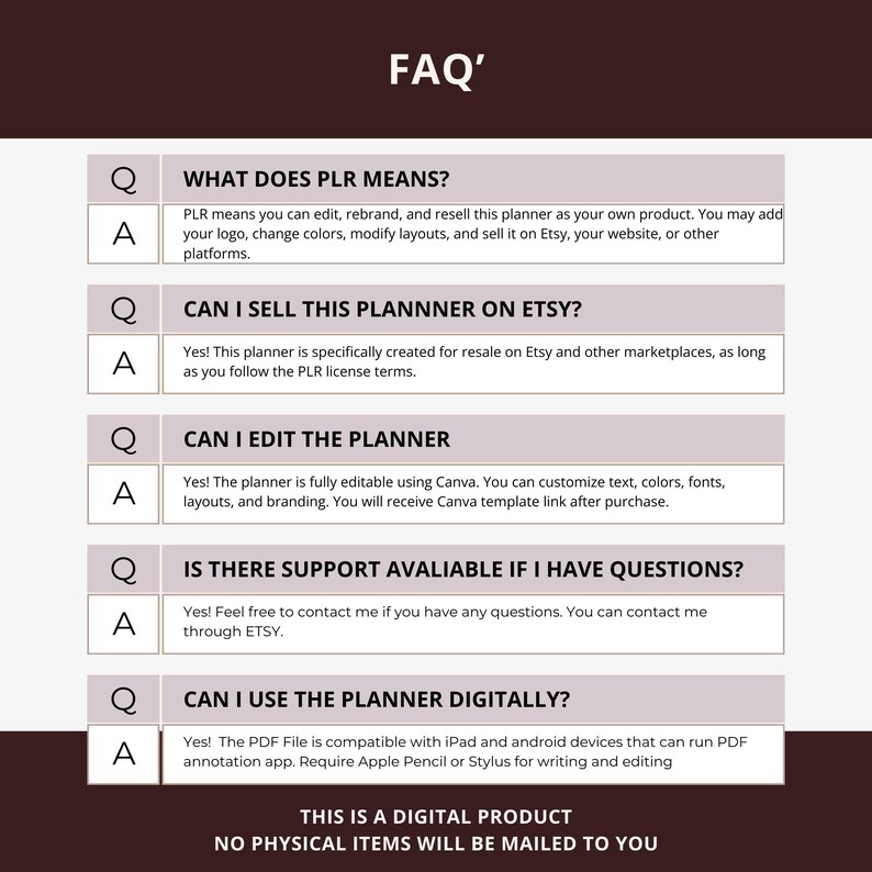 May include: A digital product FAQ sheet with a dark brown background and white text. The text includes questions and answers about the product, such as what PLR means, if it can be sold on Etsy, and if it can be edited. The bottom of the image states, "THIS IS A DIGITAL PRODUCT NO PHYSICAL ITEMS WILL BE MAILED TO YOU."