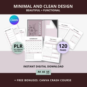 May include: A digital planner with a minimalist design. The image shows an open planner, calendar pages, and goal-setting templates. The text includes "Minimal and Clean Design," "Instant Digital Download," and "120 Pages." The planner is available in A4, A5, and US Letter sizes.